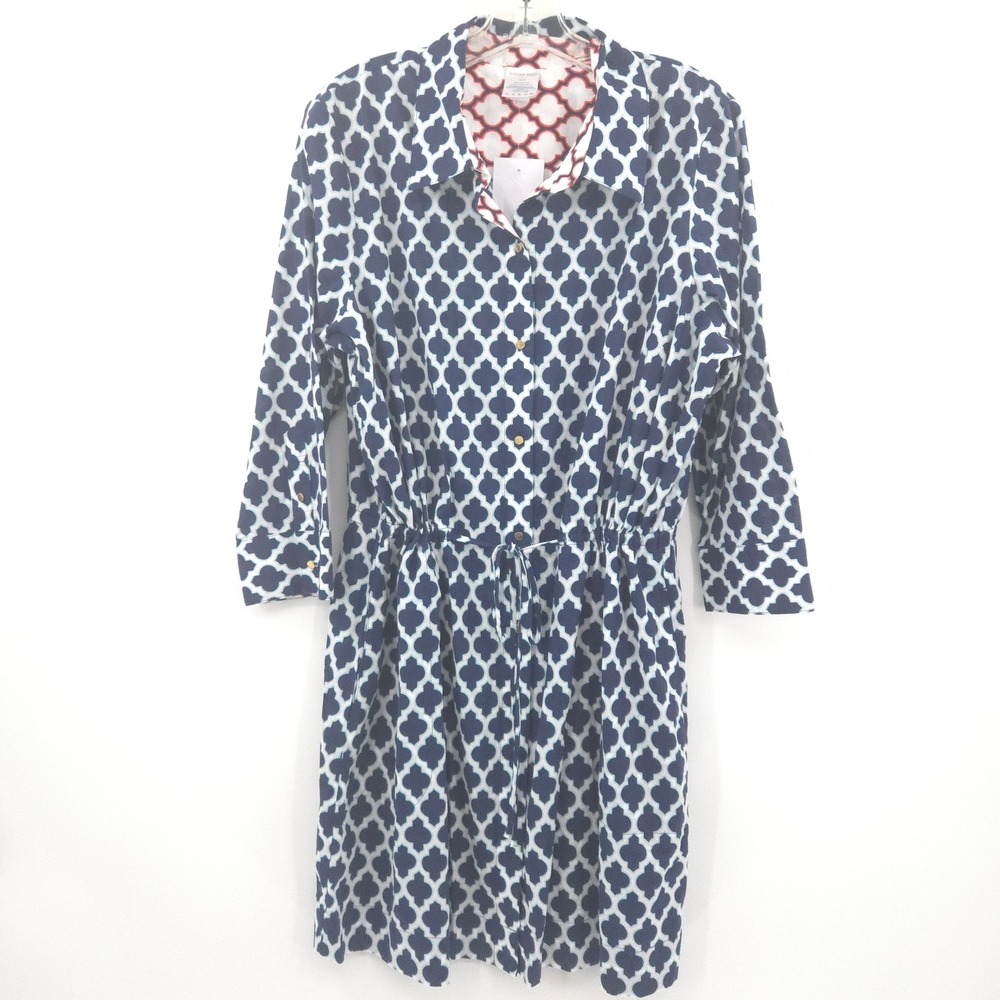 Lands' End Shirt Dress NWOT Womens L 14-16 Navy Blue Quatrefoil Geometric Cotton